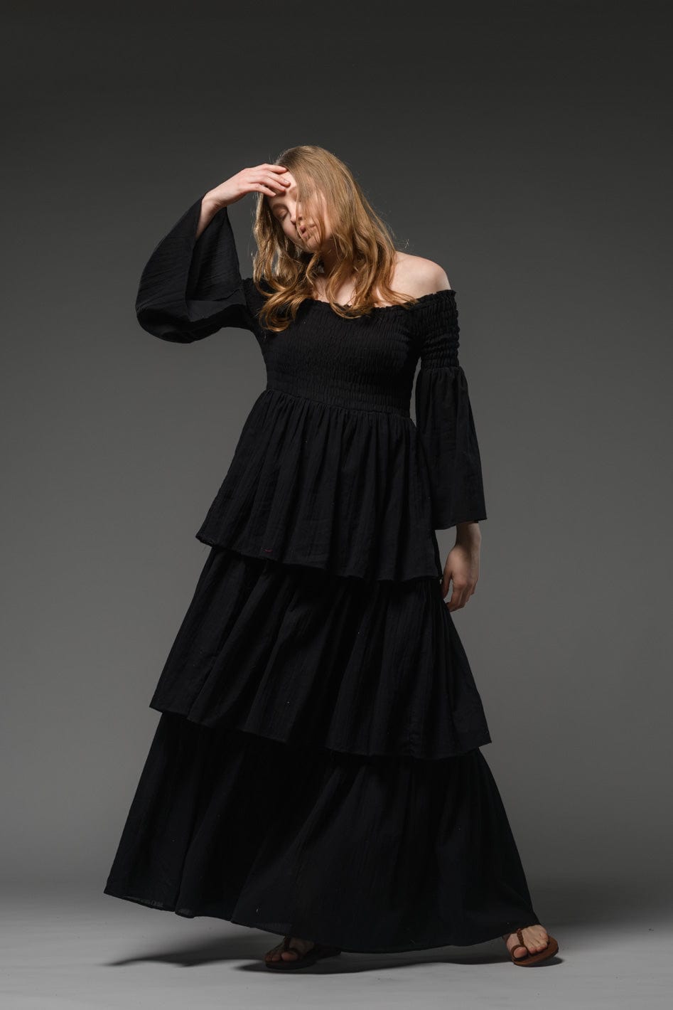 Bohemian black smocked bodice cotton romantic long dress