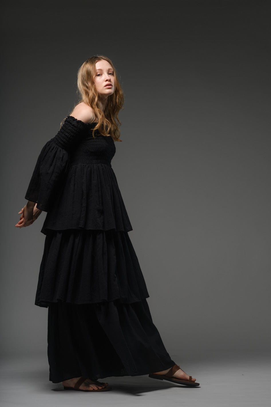 Bohemian black smocked bodice cotton romantic long dress