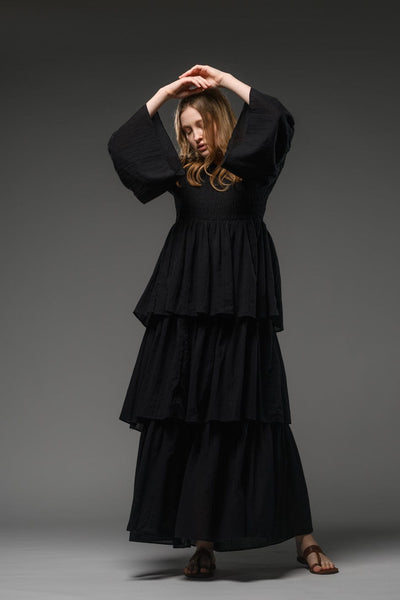 Bohemian black smocked bodice cotton romantic long dress