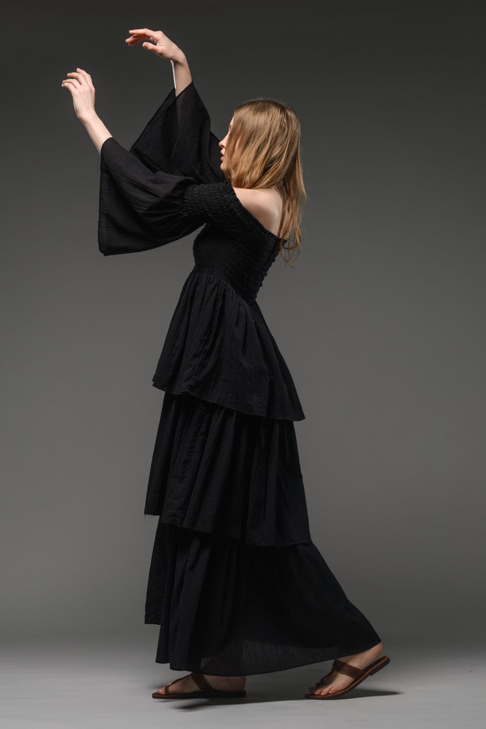 Bohemian black smocked bodice cotton romantic long dress