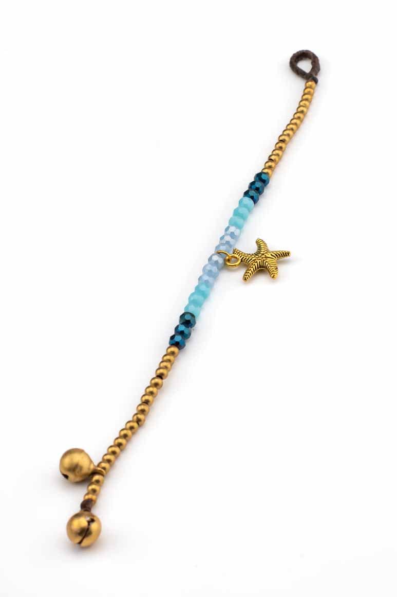 Bohemian chic handmade wax thread bracelet decorated with brass beads, blue stones and a small starfish pendant pendant