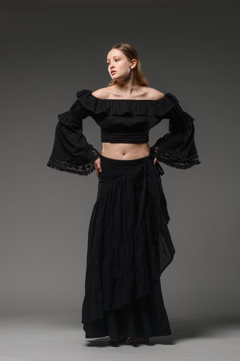 Bohemian chic gypsy fashion long wrap ruffled black cotton Skirt