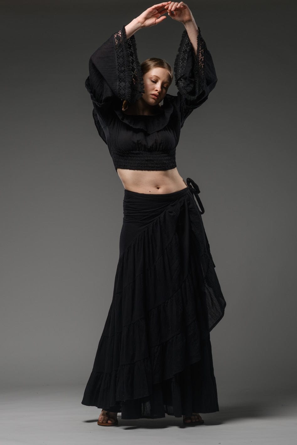Bohemian chic gypsy fashion long wrap ruffled black cotton Skirt