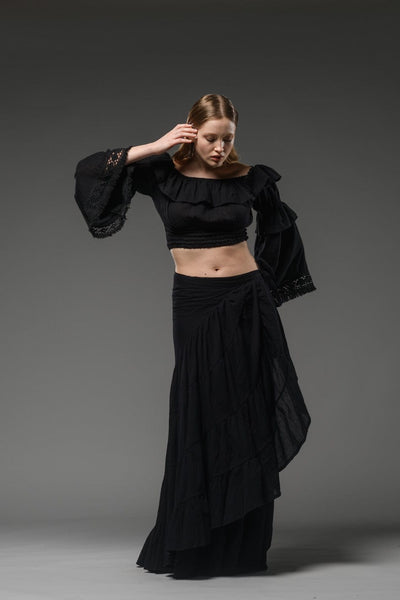Bohemian chic gypsy fashion long wrap ruffled black cotton Skirt