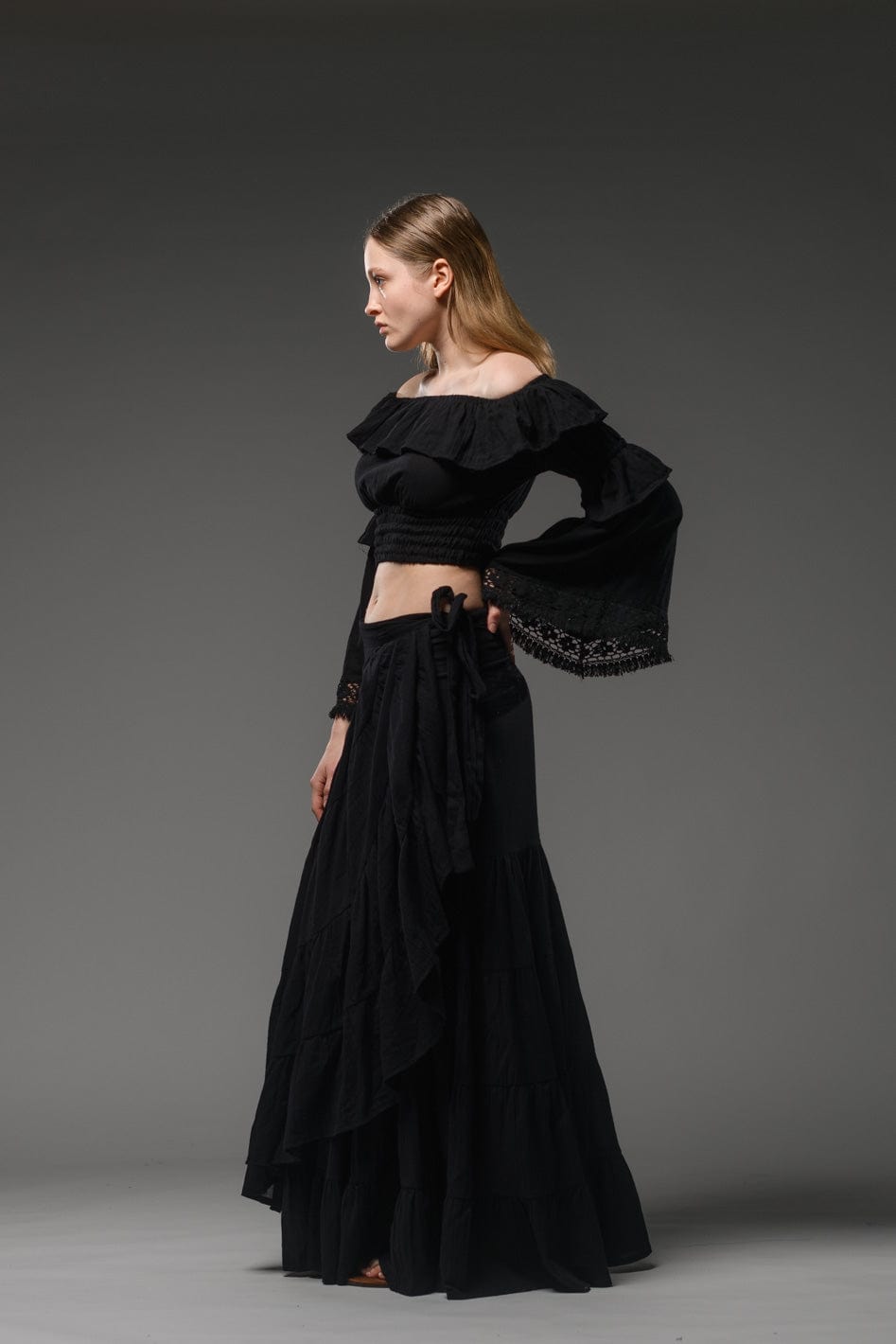 Bohemian chic gypsy fashion long wrap ruffled black cotton Skirt