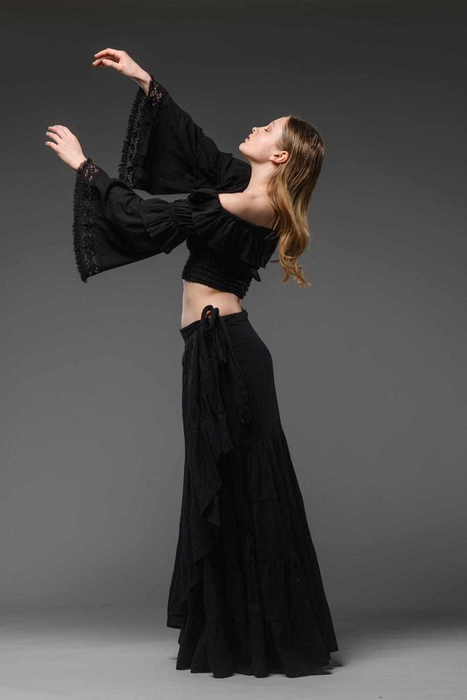 Bohemian chic gypsy fashion long wrap ruffled black cotton Skirt