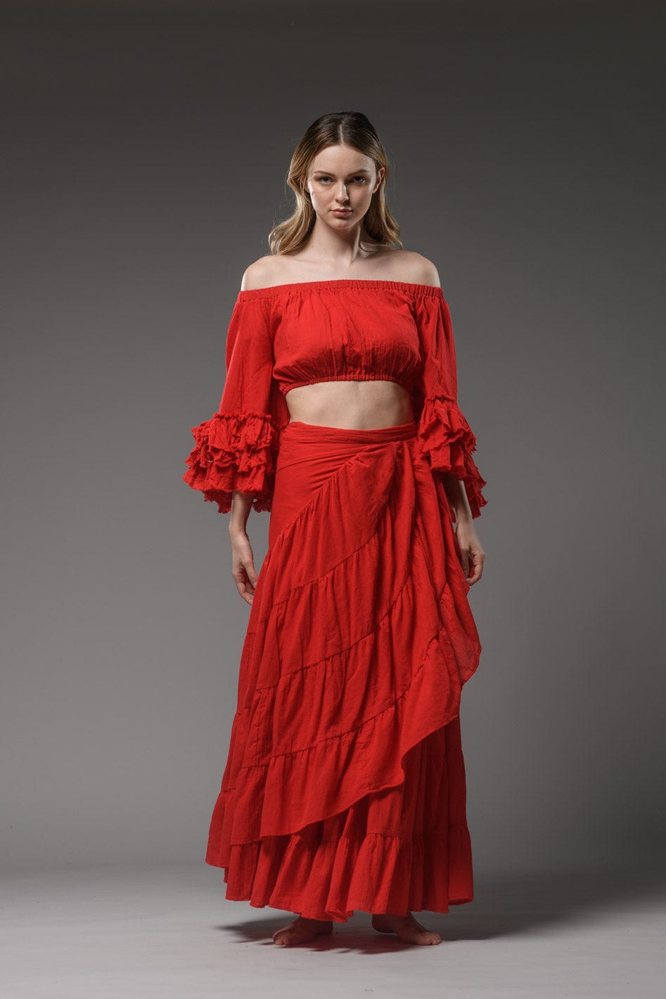 Bohemian chic gypsy fashion long wrap ruffled red cotton Skirt