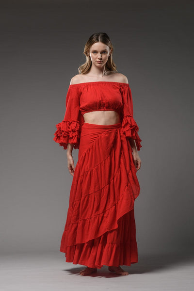 Bohemian chic gypsy fashion long wrap ruffled red cotton Skirt