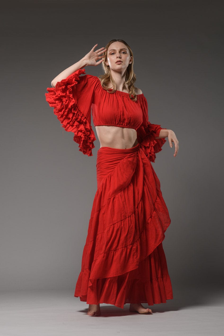 Bohemian chic gypsy fashion long wrap ruffled red cotton Skirt