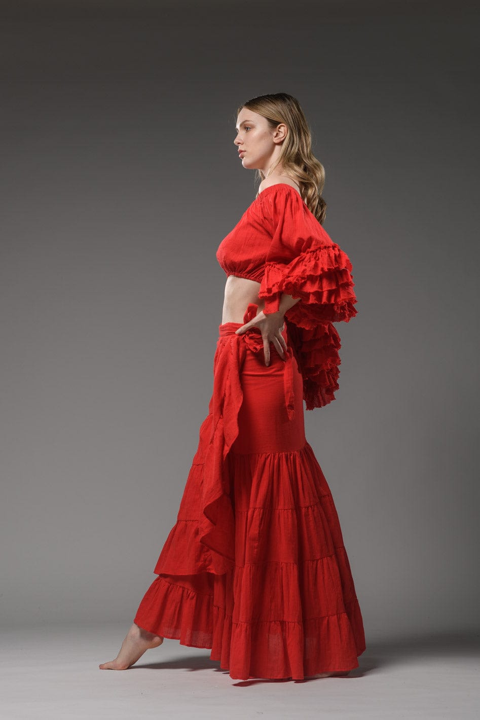 Bohemian chic gypsy fashion long wrap ruffled red cotton Skirt