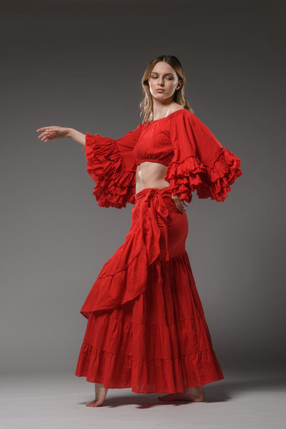 Bohemian chic gypsy fashion long wrap ruffled red cotton Skirt