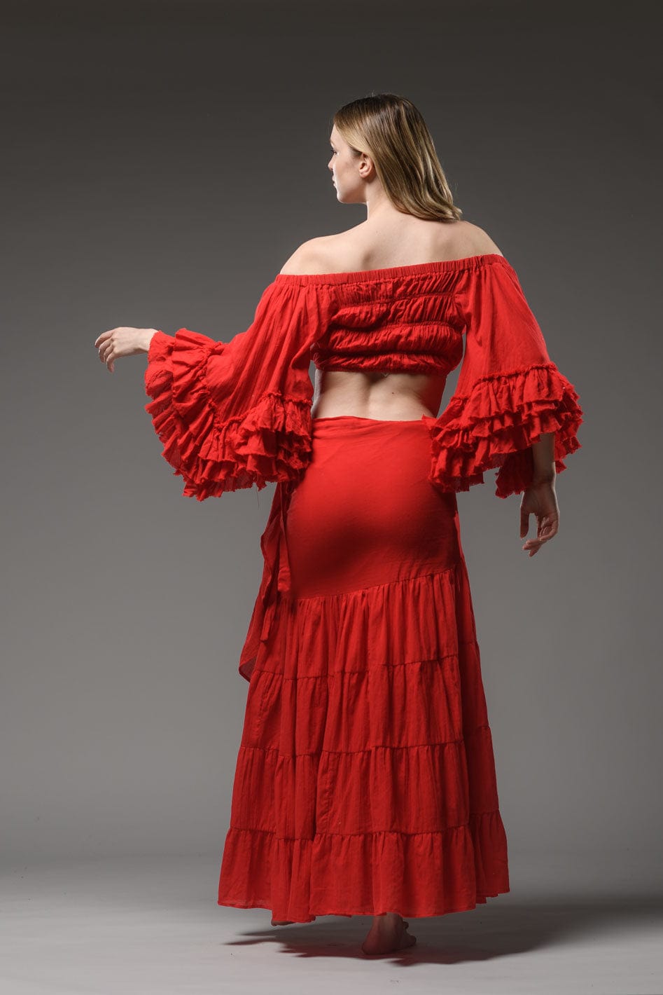 Bohemian chic gypsy fashion long wrap ruffled red cotton Skirt