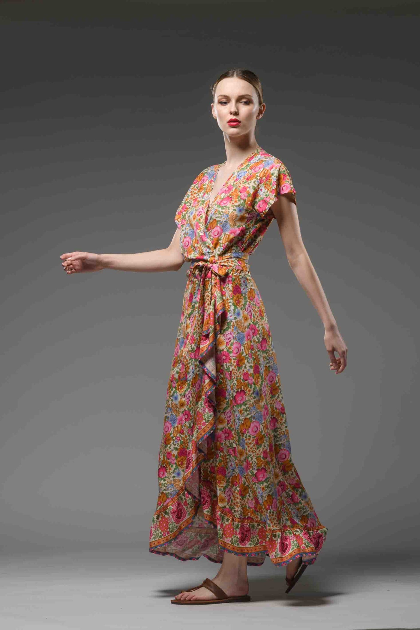 Bohemian chic pink red floral border print V neck  self tie waist short sleeve maxi ruffled wrap dress