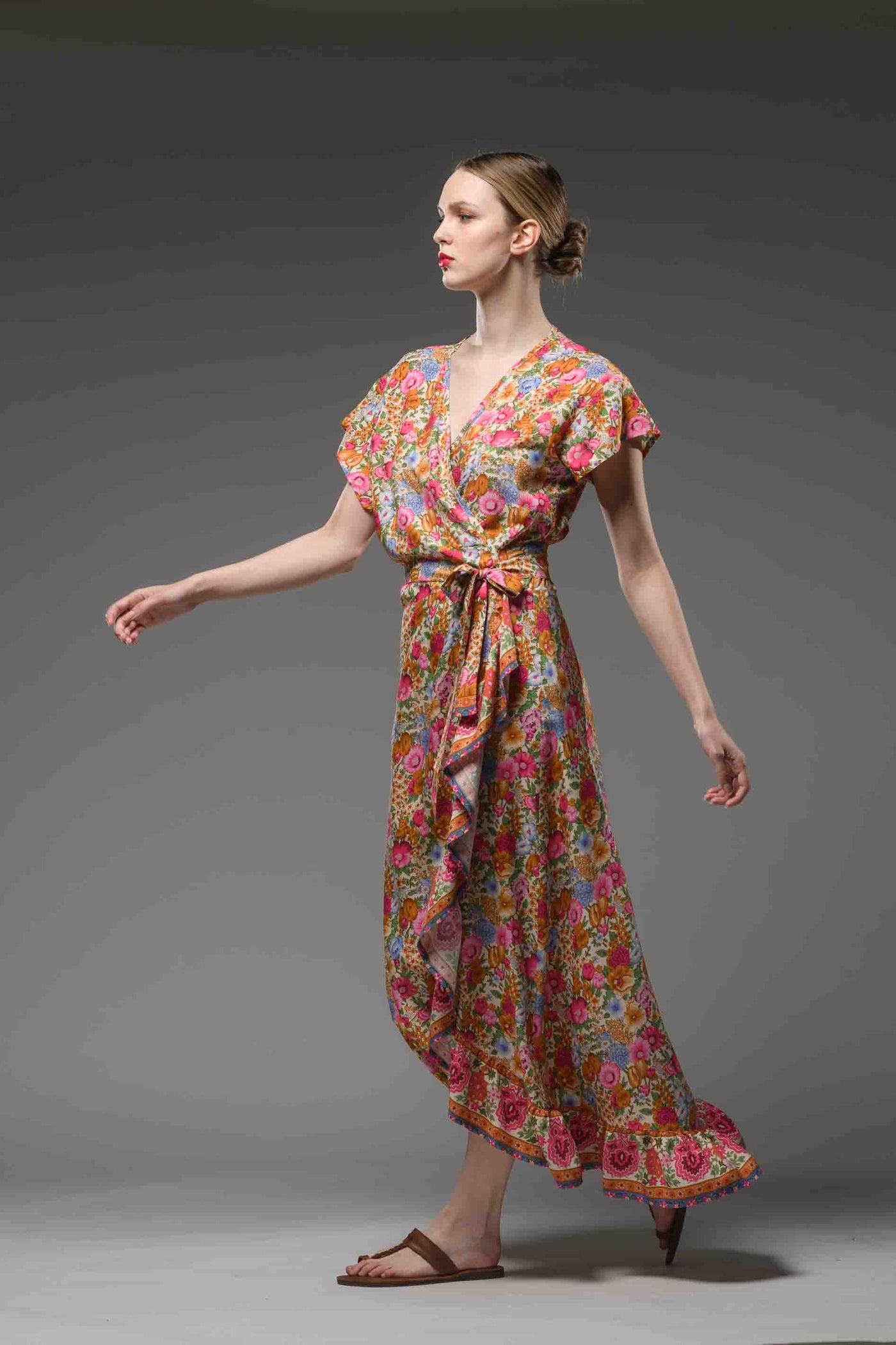 Bohemian chic pink red floral border print V neck  self tie waist short sleeve maxi ruffled wrap dress