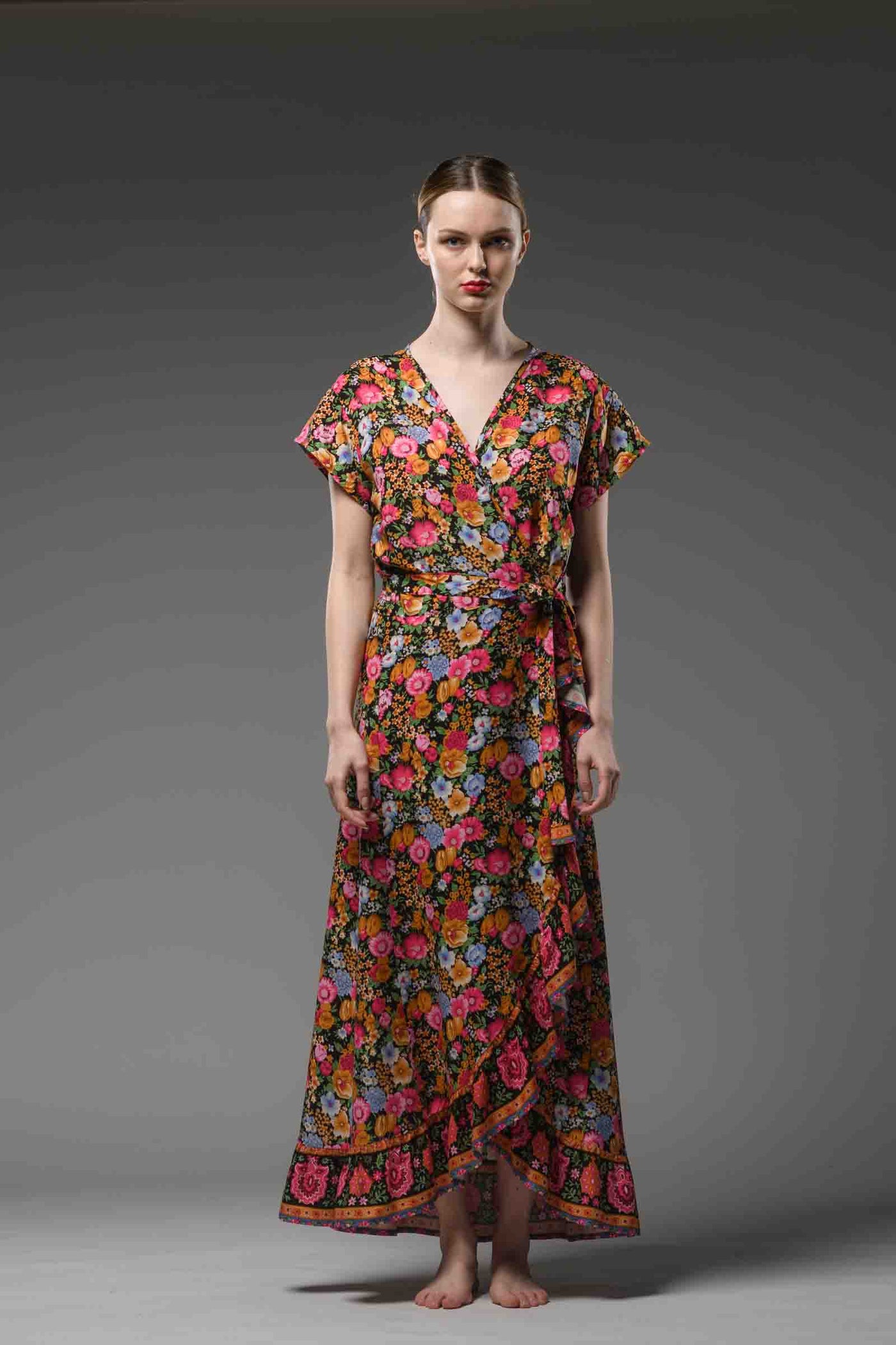 Bohemian chic red floral border print V neck  self tie waist short sleeve maxi ruffled wrap dress