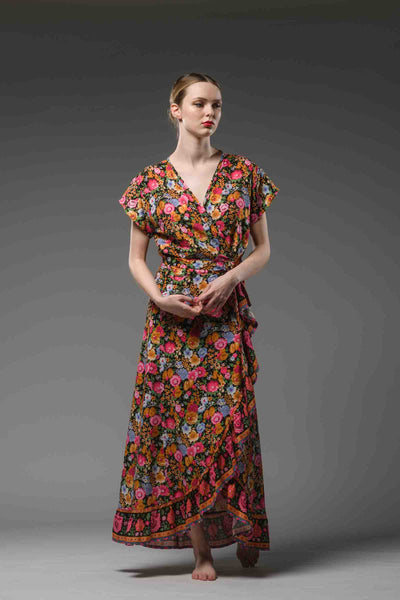 Bohemian chic red floral border print V neck  self tie waist short sleeve maxi ruffled wrap dress