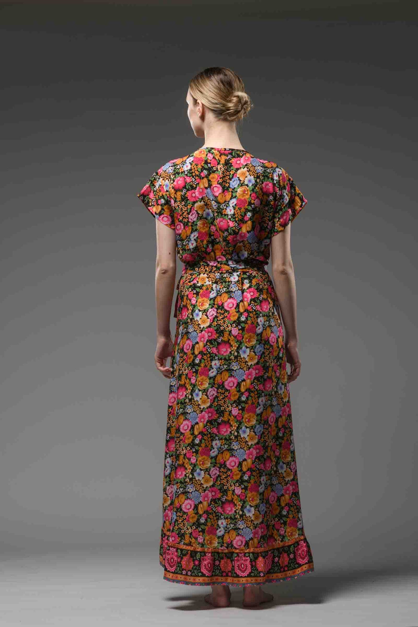 Bohemian chic red floral border print V neck  self tie waist short sleeve maxi ruffled wrap dress