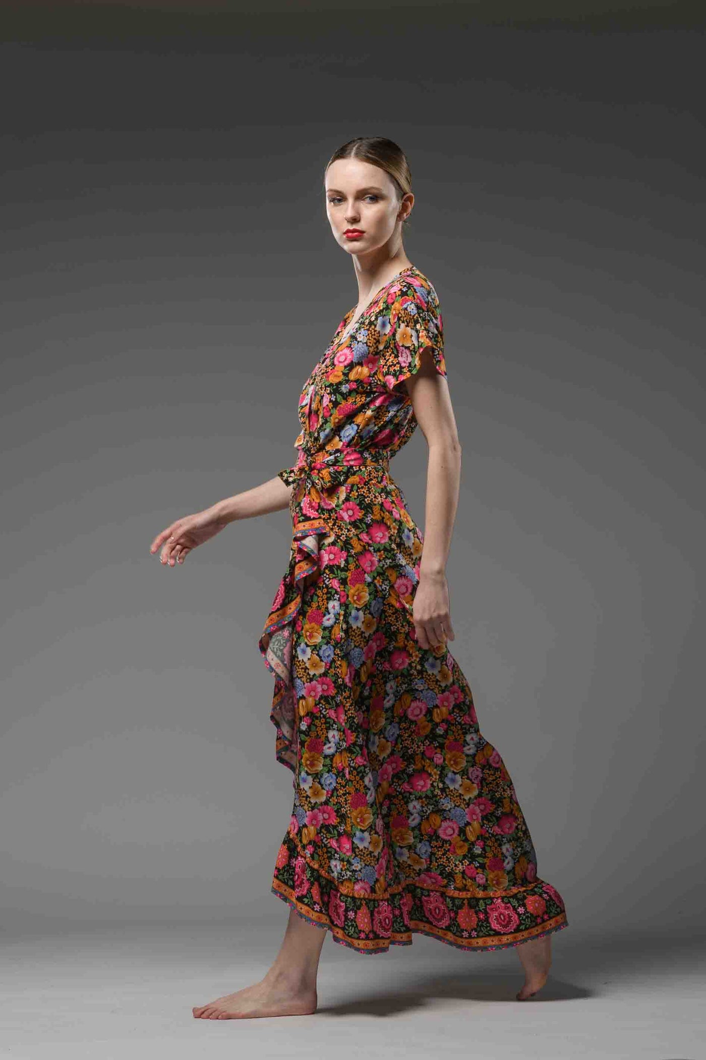 Bohemian chic red floral border print V neck  self tie waist short sleeve maxi ruffled wrap dress