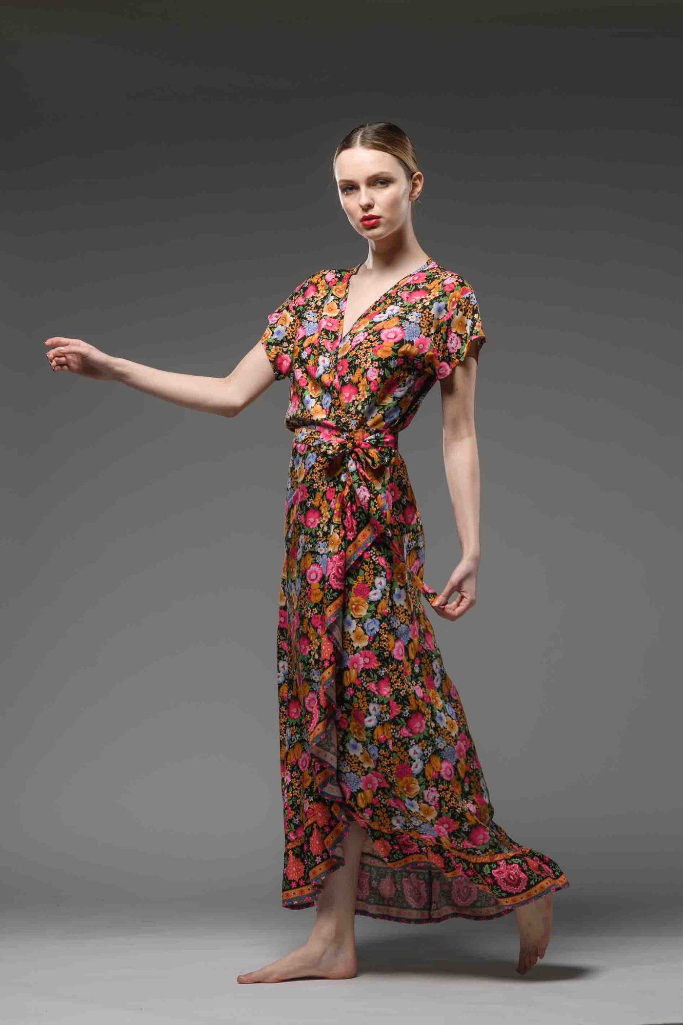 Bohemian chic red floral border print V neck  self tie waist short sleeve maxi ruffled wrap dress