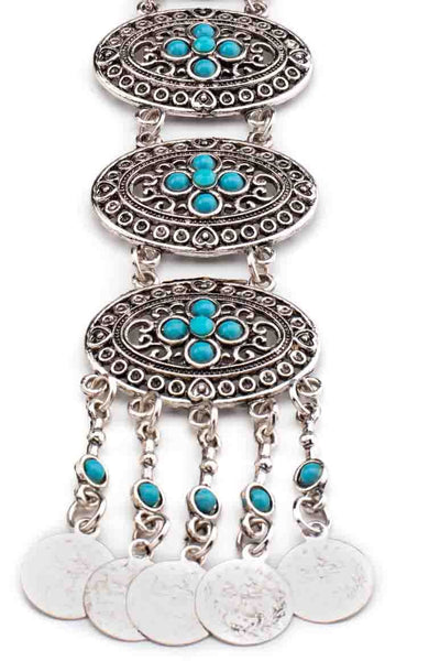 Bohemian chic long pendant necklace with turquoise stones and coins-awatara