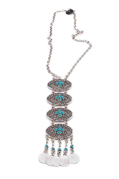 Bohemian chic long pendant necklace with turquoise stones and coins-awatara