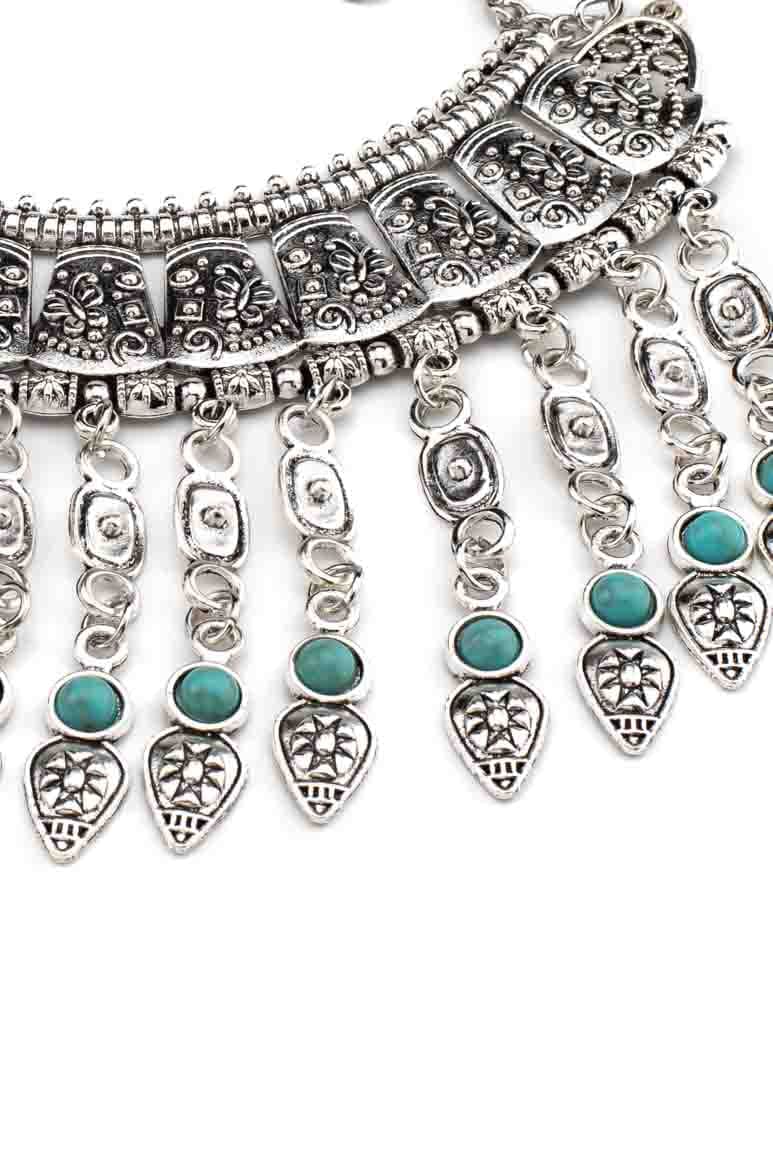 Bohemian chic retro ethnic style metal short necklace with turquoise stones-awatara