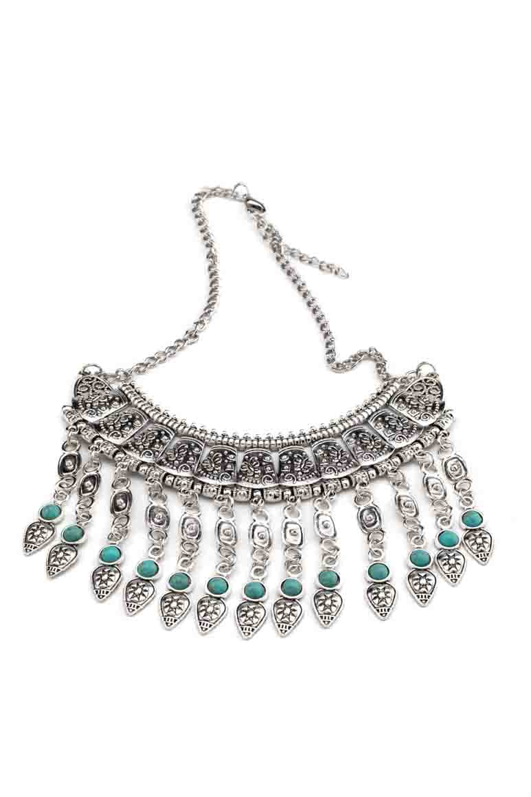Bohemian chic retro ethnic style metal short necklace with turquoise stones-awatara