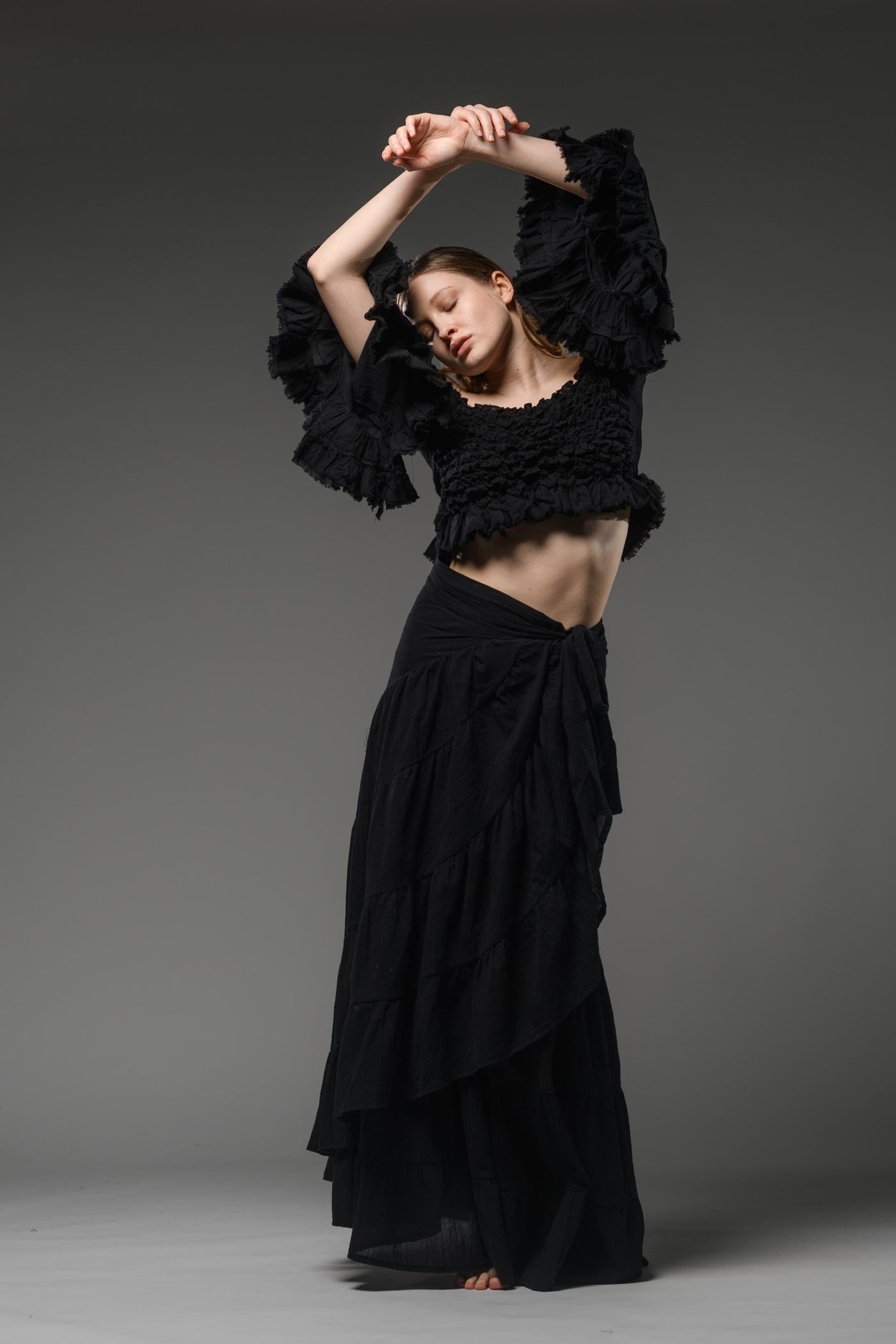 Bohemian gypsy fashion black cotton wide ruffled sleeve smocked top crop