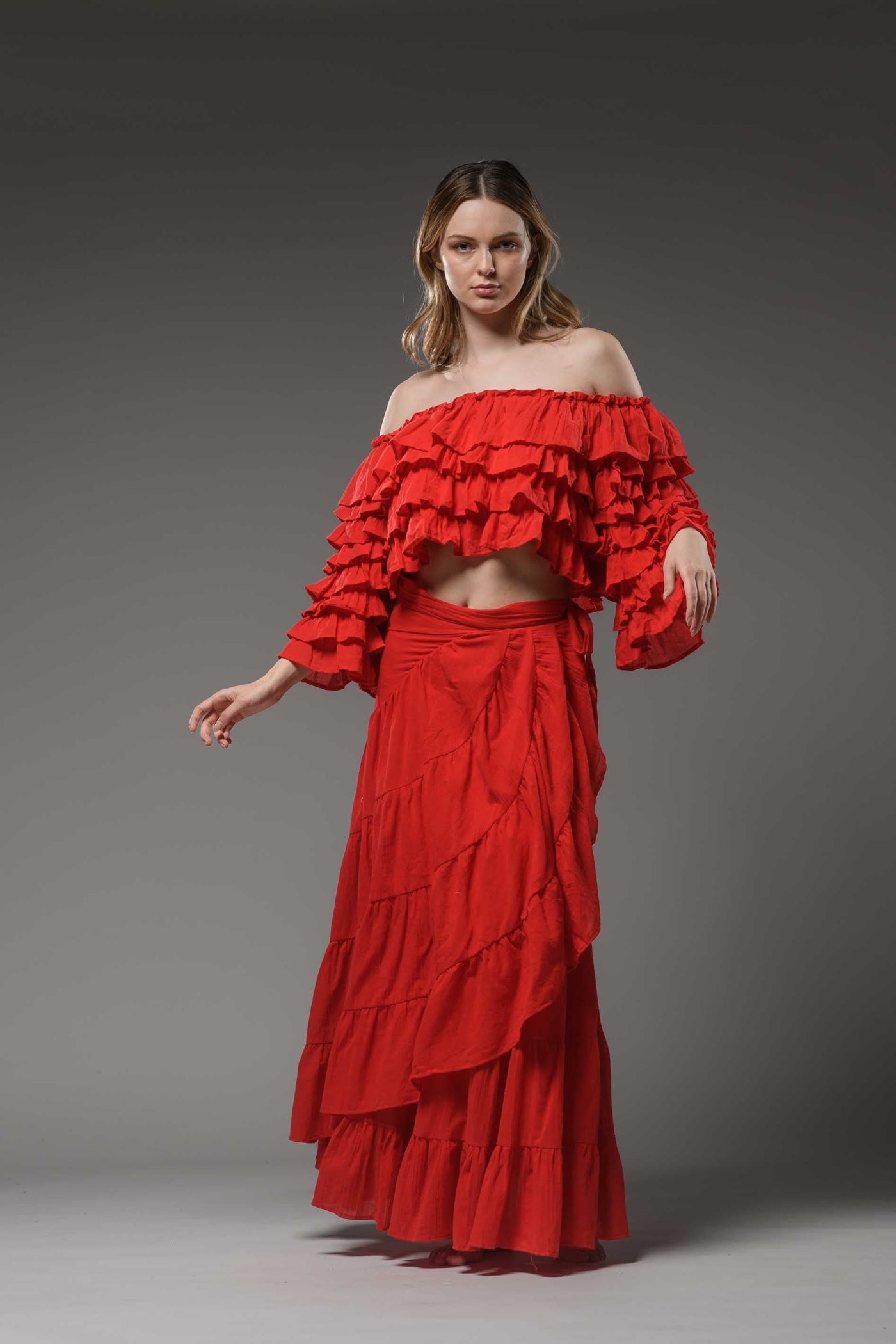 Bohemian gypsy fashion multilayer ruffled red top crop