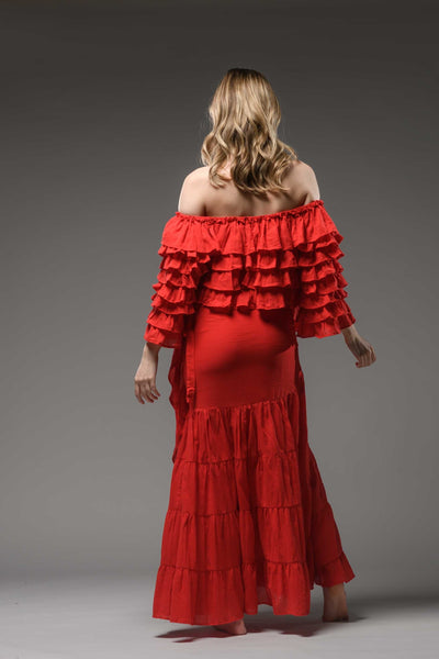 Bohemian gypsy fashion multilayer ruffled red top crop