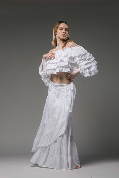 Bohemian gypsy fashion multilayer ruffled white top crop