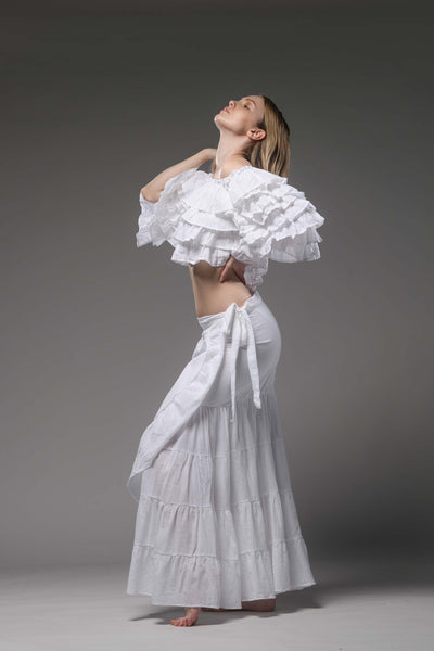 Bohemian gypsy fashion multilayer ruffled white top crop