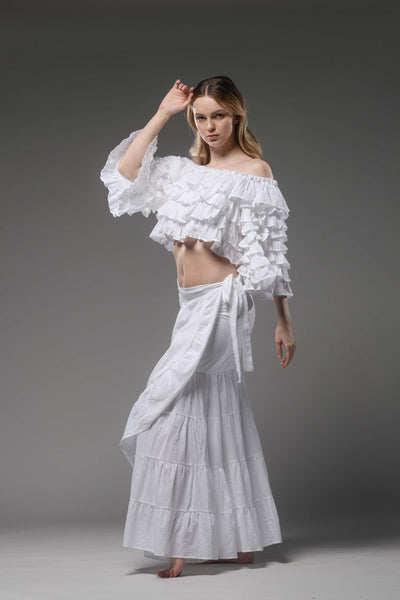 Bohemian gypsy fashion multilayer ruffled white top crop