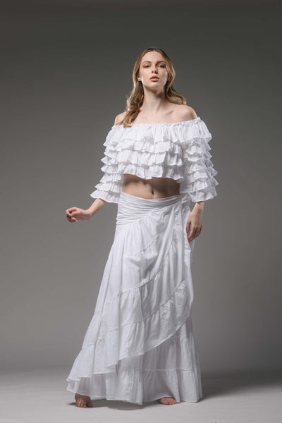 Bohemian gypsy fashion multilayer ruffled white top crop