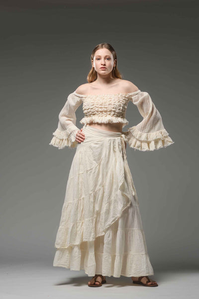 Bohemian gypsy fashion off white cotton wide ruffled sleeve smocked top crop