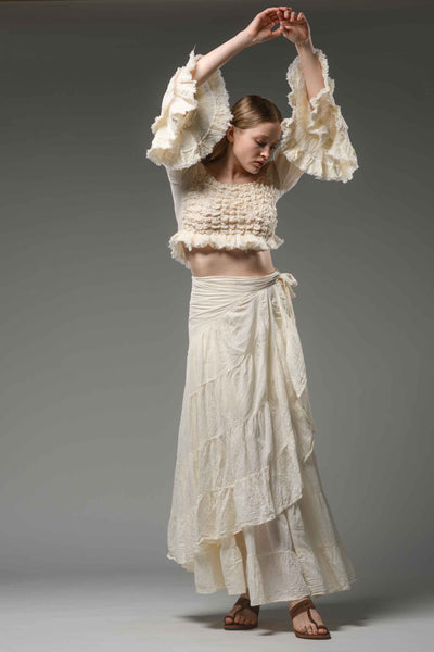 Bohemian gypsy fashion off white cotton wide ruffled sleeve smocked top crop