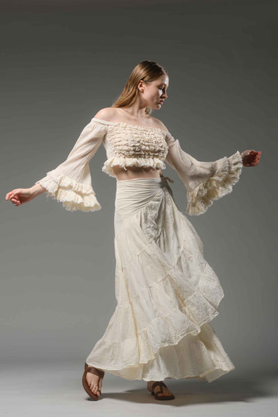 Bohemian gypsy fashion off white cotton wide ruffled sleeve smocked top crop