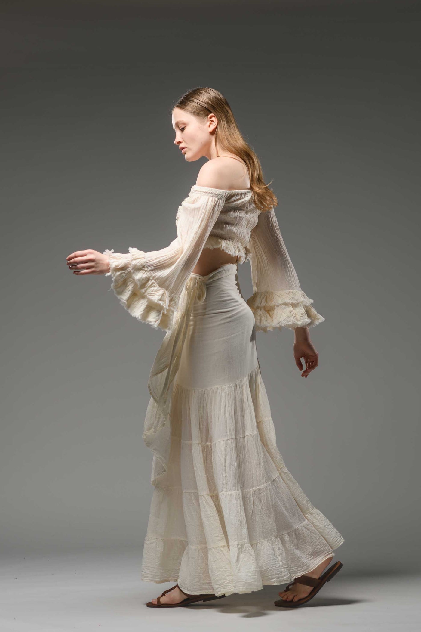 Bohemian gypsy fashion off white cotton wide ruffled sleeve smocked top crop