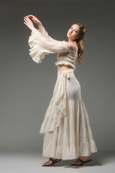Bohemian gypsy fashion off white cotton wide ruffled sleeve smocked top crop
