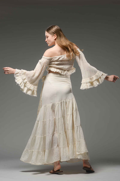 Bohemian gypsy fashion off white cotton wide ruffled sleeve smocked top crop