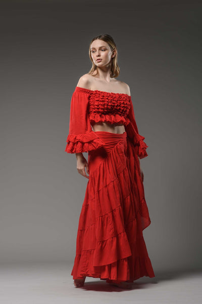Bohemian gypsy fashion red cotton wide ruffled sleeve smocked top crop