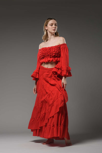Bohemian gypsy fashion red cotton wide ruffled sleeve smocked top crop