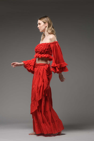 Bohemian gypsy fashion red cotton wide ruffled sleeve smocked top crop
