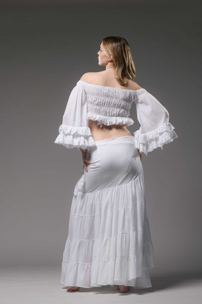 Bohemian gypsy fashion white cotton wide ruffled sleeve smocked top crop