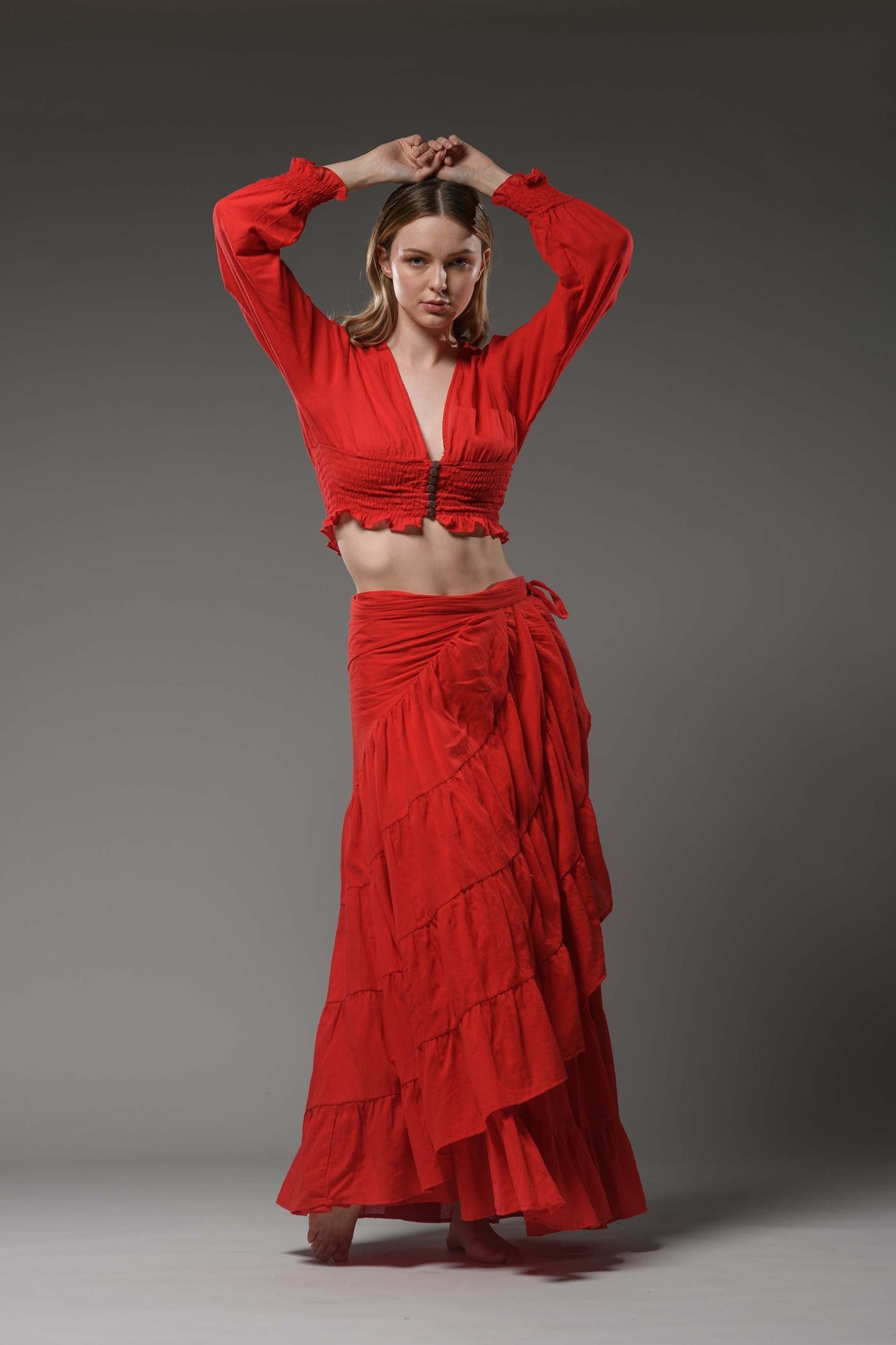 Bohemian hippie festival red cotton buttoned long sleeve crop top