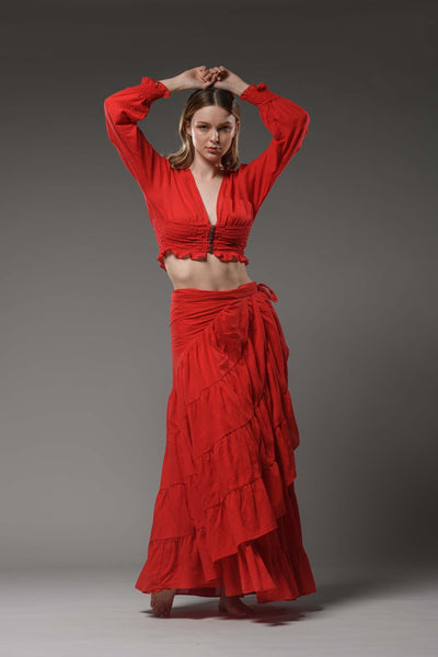 Bohemian hippie festival red cotton buttoned long sleeve crop top