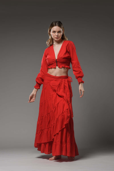 Bohemian hippie festival red cotton buttoned long sleeve crop top