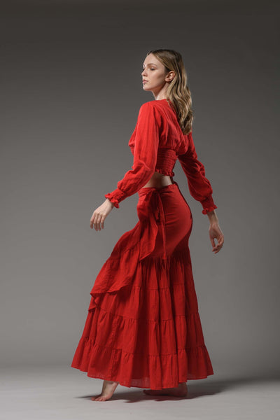 Bohemian hippie festival red cotton buttoned long sleeve crop top