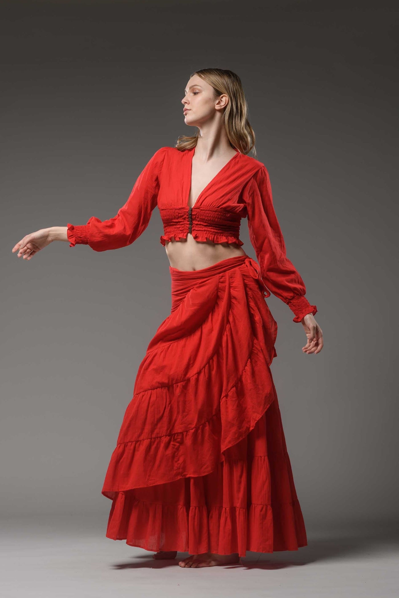 Bohemian hippie festival red cotton buttoned long sleeve crop top