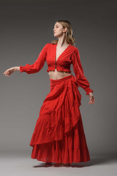 Bohemian hippie festival red cotton buttoned long sleeve crop top